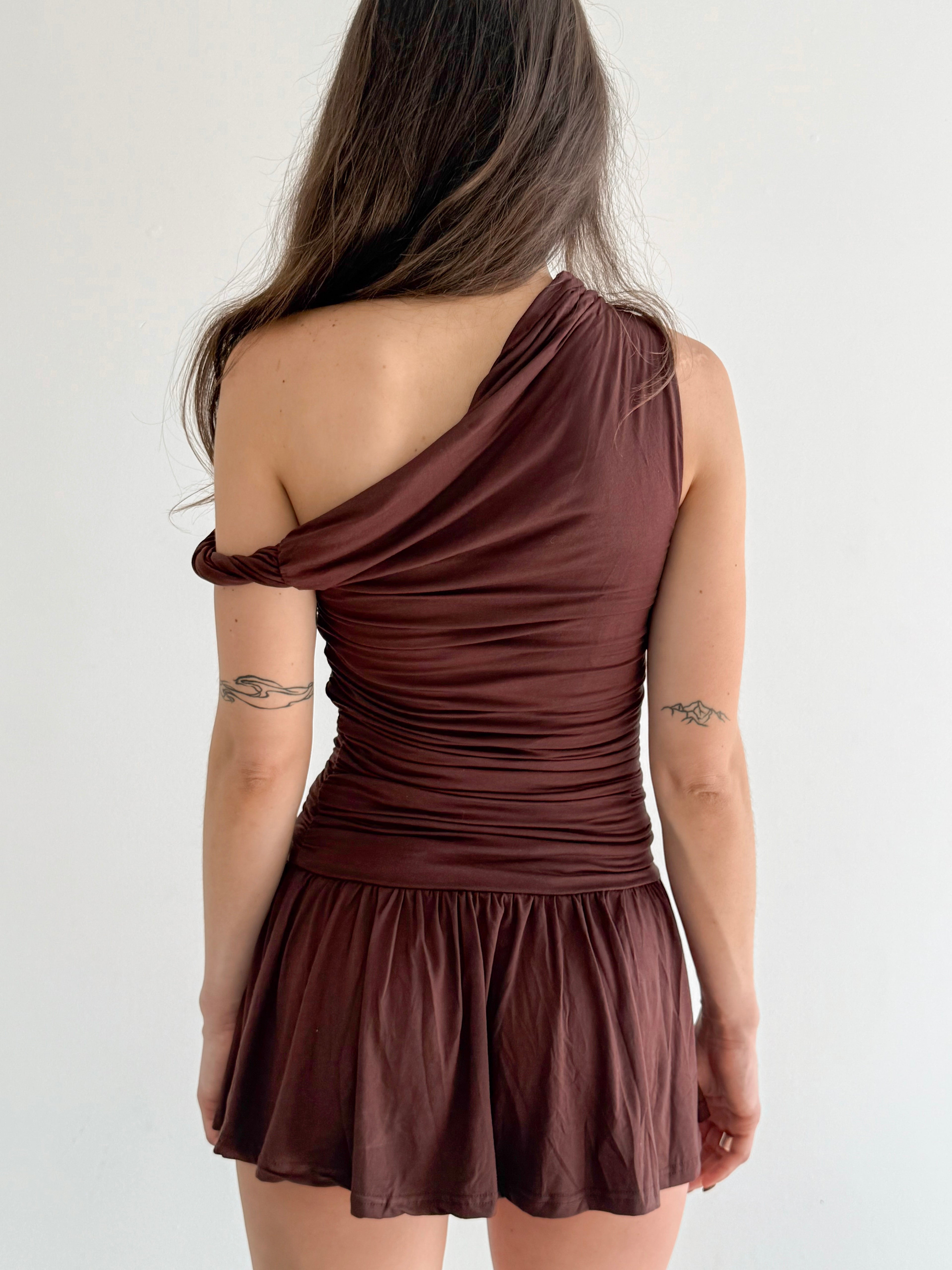 SAVANNAH Asymmetrical One Shoulder Mini Dress Brown