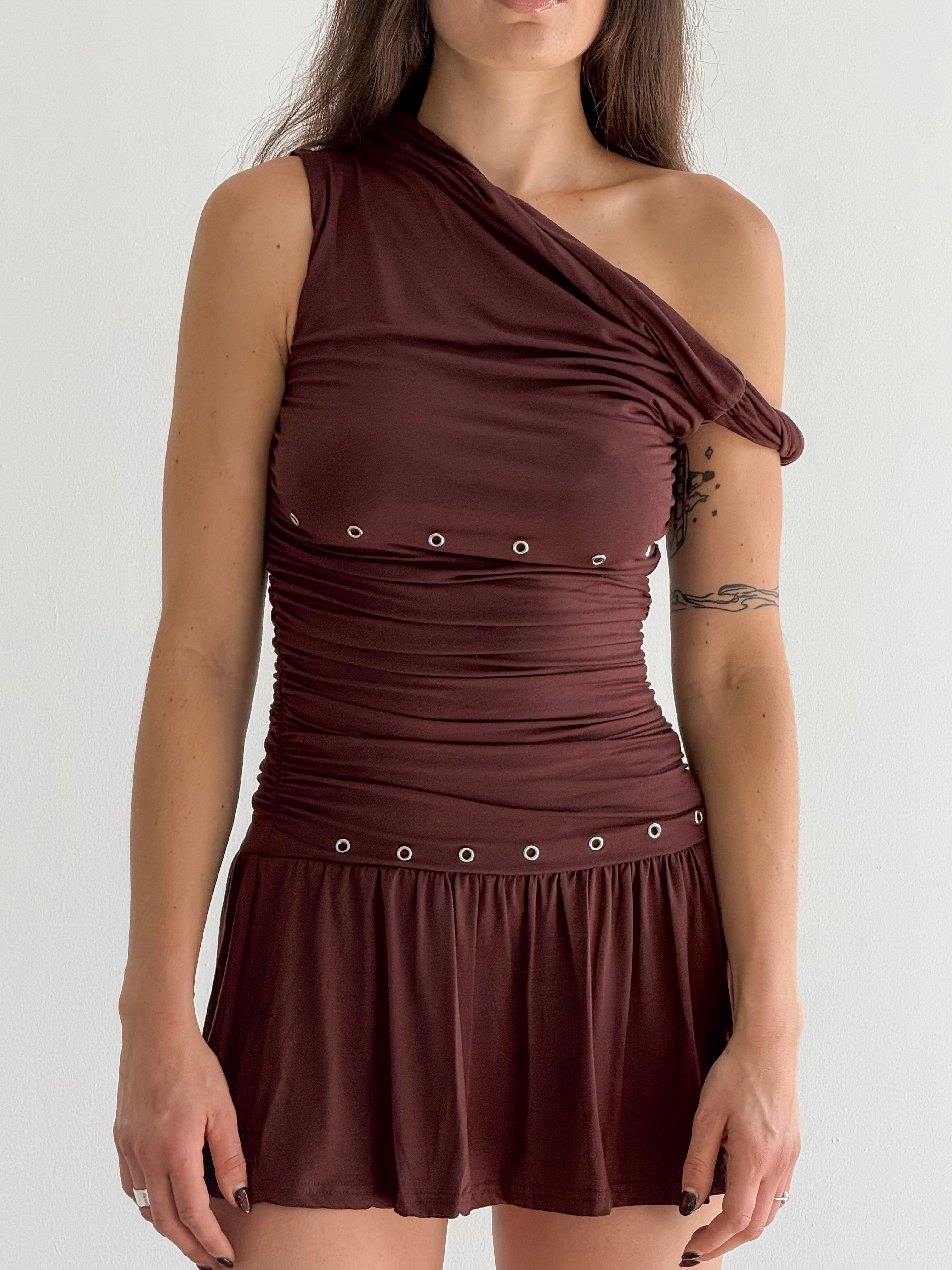 SAVANNAH Asymmetrical One Shoulder Mini Dress Brown