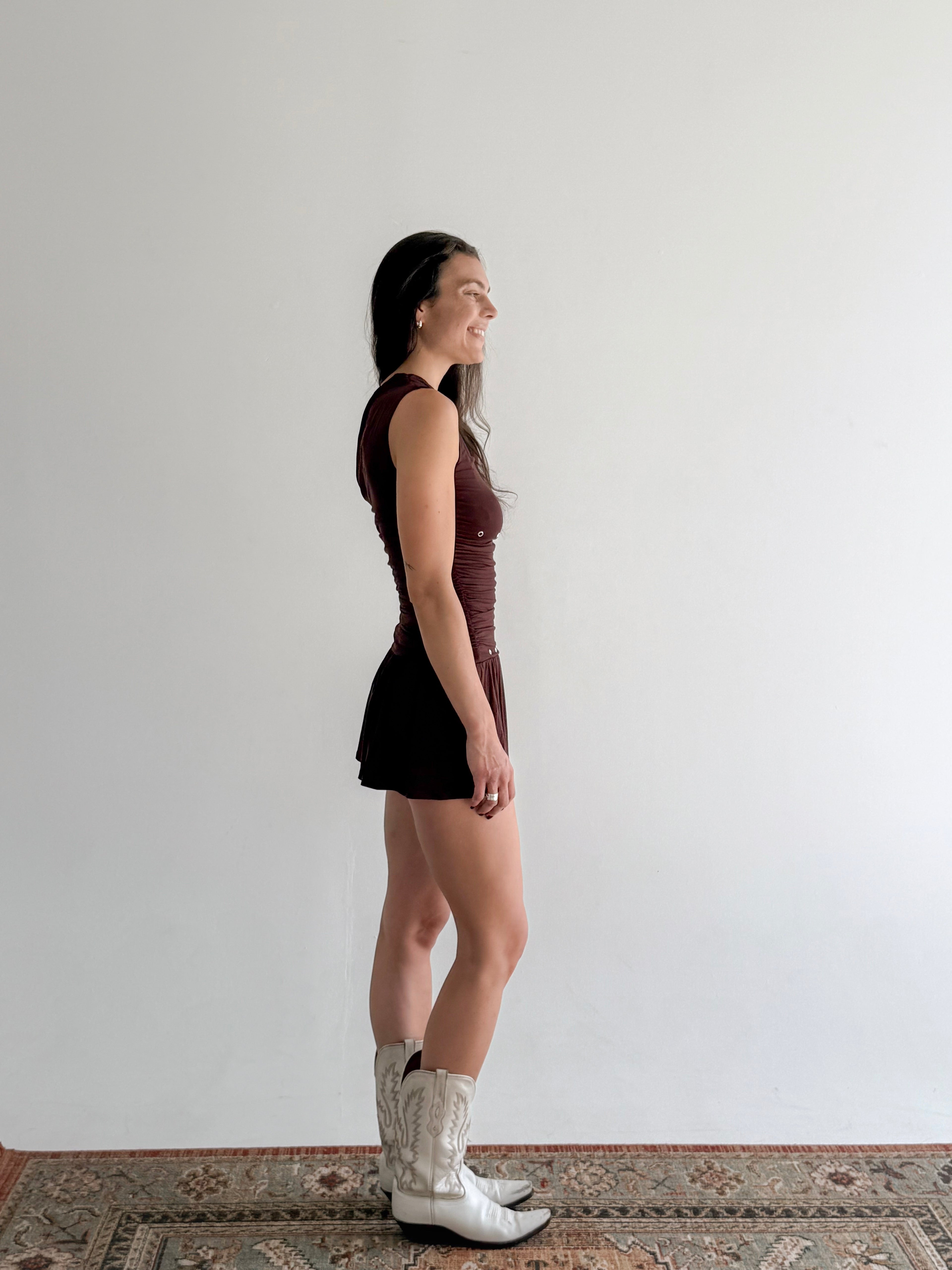 SAVANNAH Asymmetrical One Shoulder Mini Dress Brown